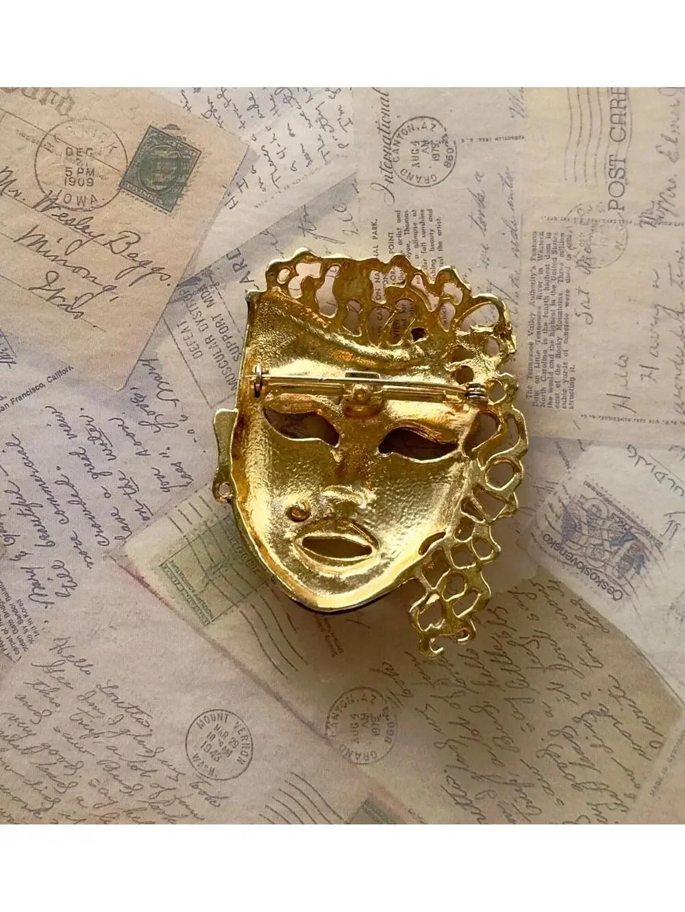 Vintage Black Enamel Mask Brooch Gold Tone Venetian Style Statement Pin